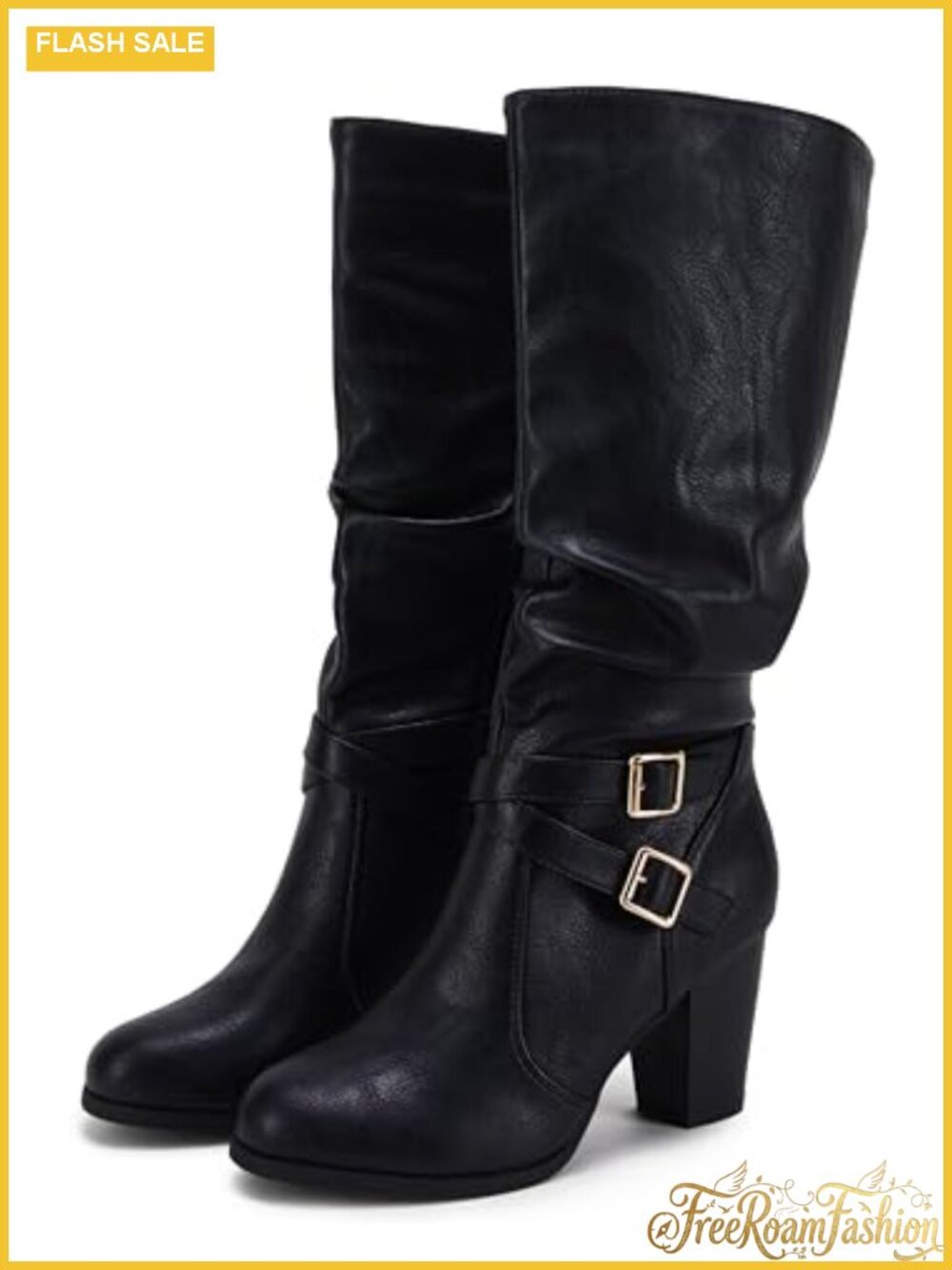 Womens Mid Calf Boots Chunky Heel Faux Leather Slouchy Side Zipper Metal Buckle